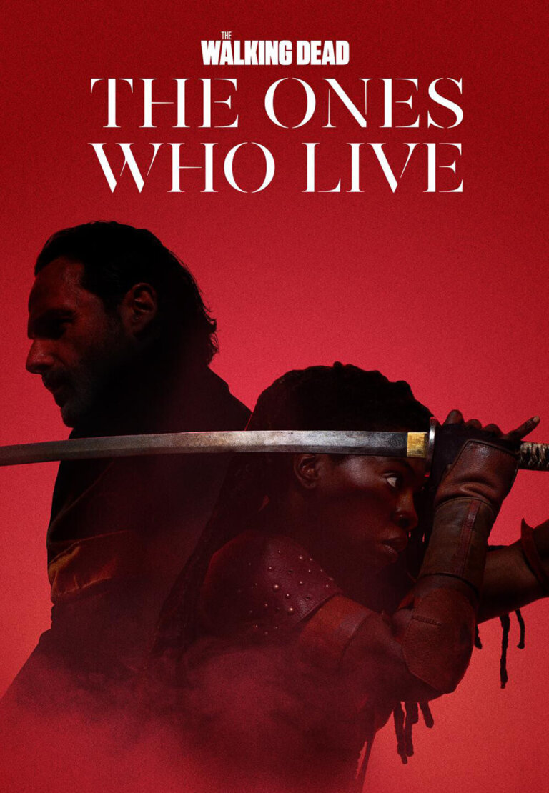 A poster features two characters from The Walking Dead: The Ones Who Live, set against a solid red background with the show's title in white text.