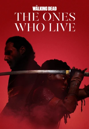A poster features two characters from The Walking Dead: The Ones Who Live, set against a solid red background with the show's title in white text.
