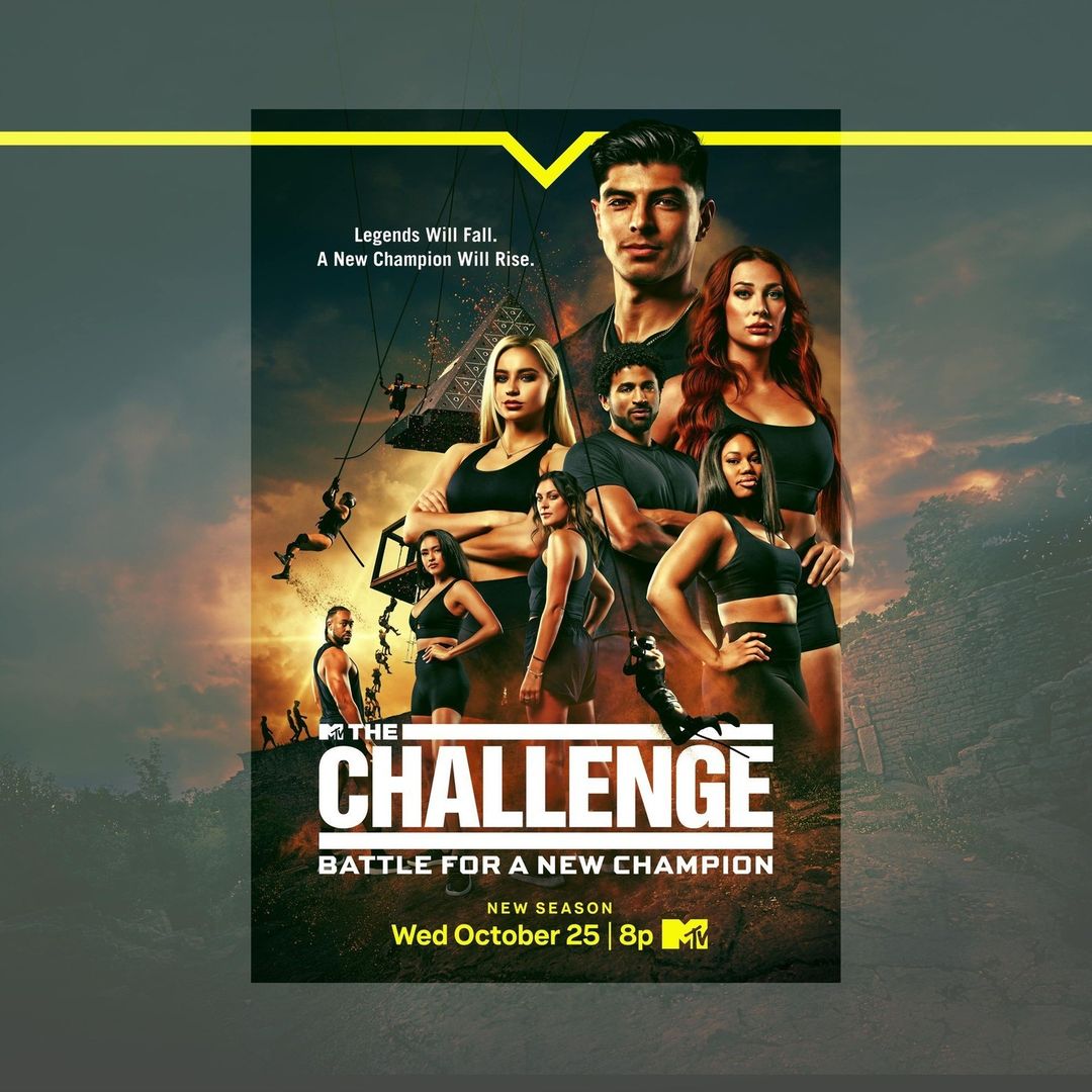 Promotional poster for MTV's The Challenge: Battle for a New Champion, featuring cast members against a cloudy, mountainous backdrop.