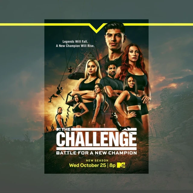 Promotional poster for MTV's The Challenge: Battle for a New Champion, featuring cast members against a cloudy, mountainous backdrop.