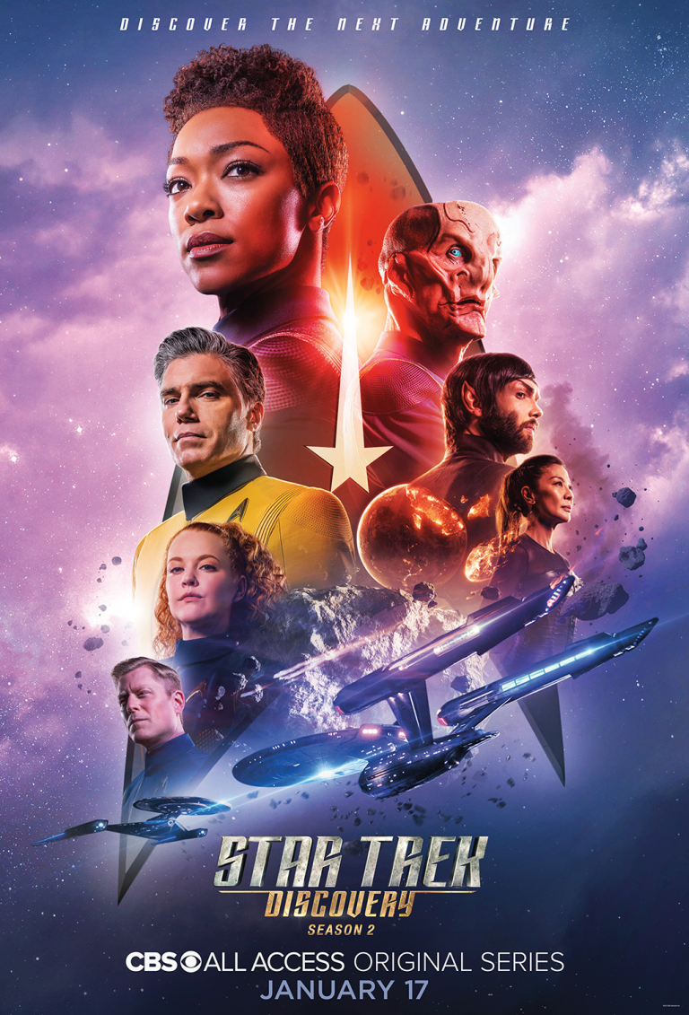 Star Trek: Discovery Season 2 poster featuring Sonequa Martin-Green, Doug Jones, Anson Mount, and Shazad Latif against a cloudy, purple-hued background.