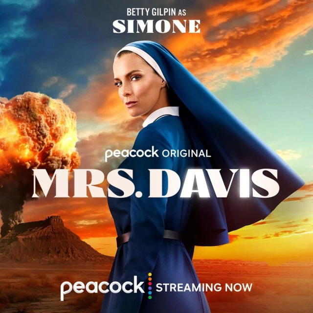 Betty Gilpin stars as Simone in the Mrs. Davis series, set against a dramatic sky and desert landscape, blending mystery and intrigue.