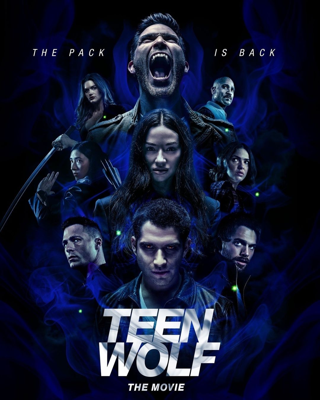 Movie poster for Teen Wolf: The Movie featuring nine cast members in front of a blue and black smoky background.