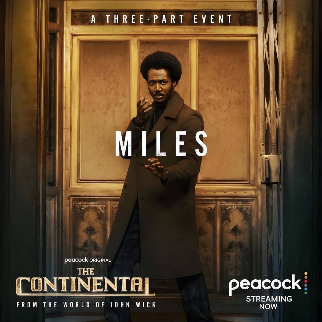 Movie poster for The Continental: From the World of John Wick, with a Black man in a coat standing in front of ornate doors.