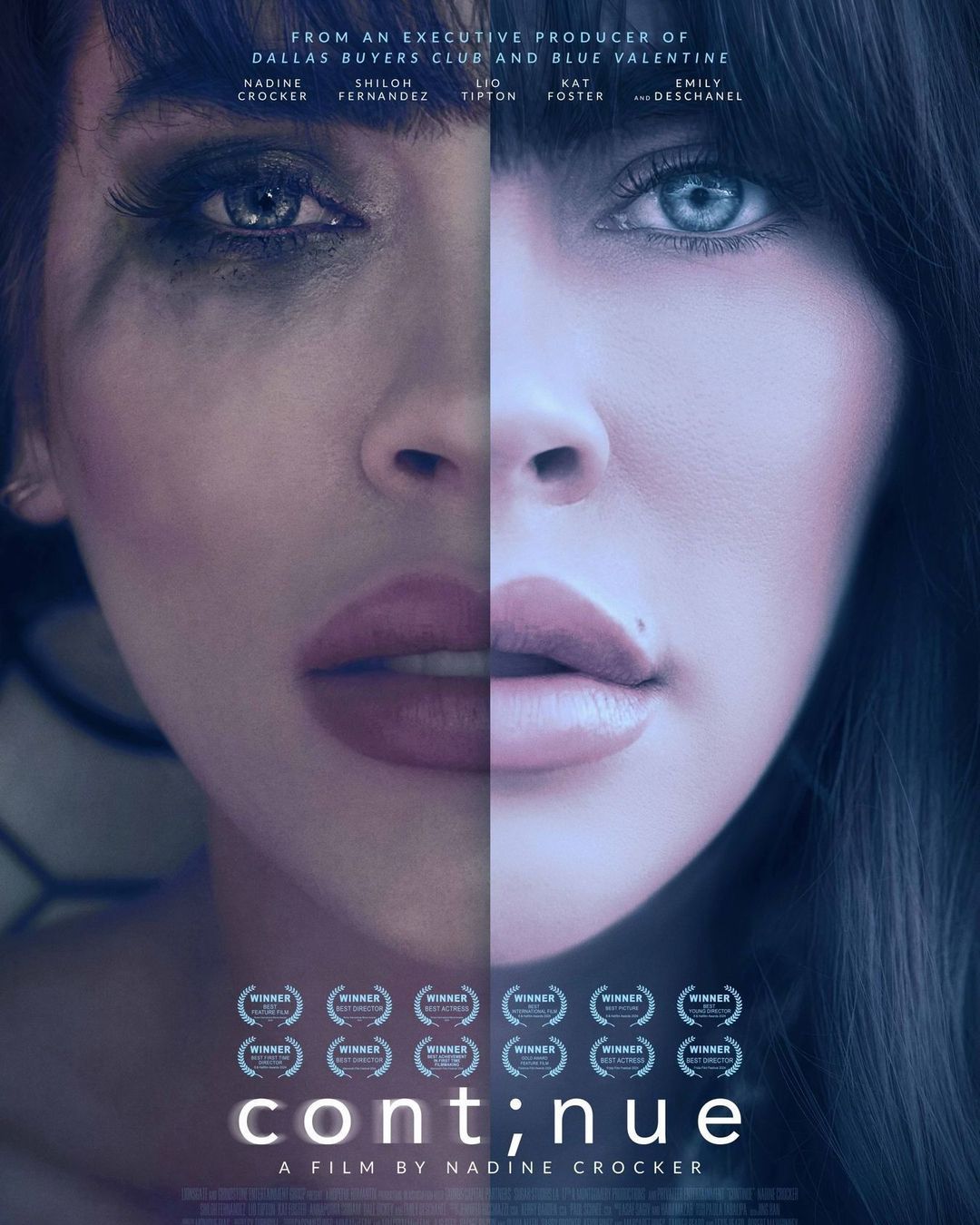 Movie poster featuring a woman's face split in half, with one side showing makeup and a happy expression, and the other showing smeared makeup and a somber expression.