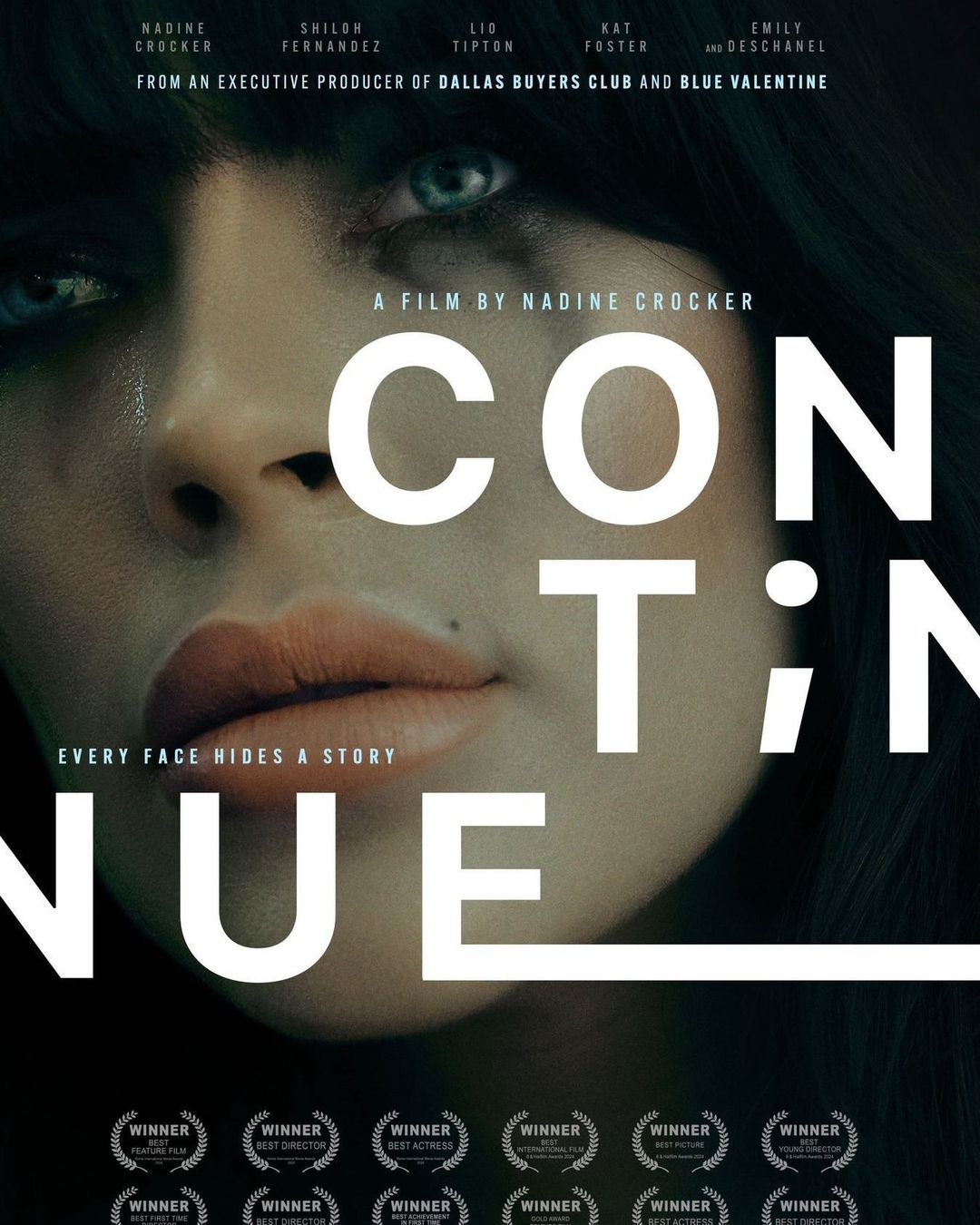 Movie poster featuring a close-up portrait of an adult female. The title "CONTINUE" is overlaid on the image in white capital letters.