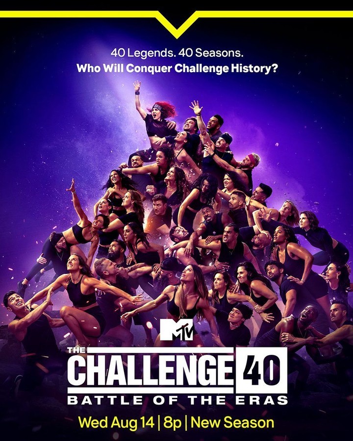 Promotional poster for 'The Challenge 40: Battle of the Eras' on MTV, featuring a large group of contestants against a purple backdrop.