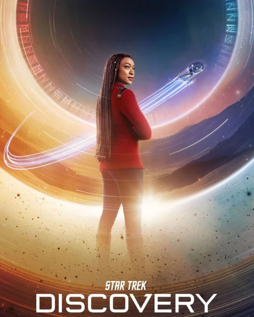 Promotional image for Star Trek: Discovery featuring Sonequa Martin-Green in a red uniform against a sci-fi backdrop with light trails.
