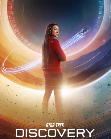 Promotional image for Star Trek: Discovery featuring Sonequa Martin-Green in a red uniform against a sci-fi backdrop with light trails.