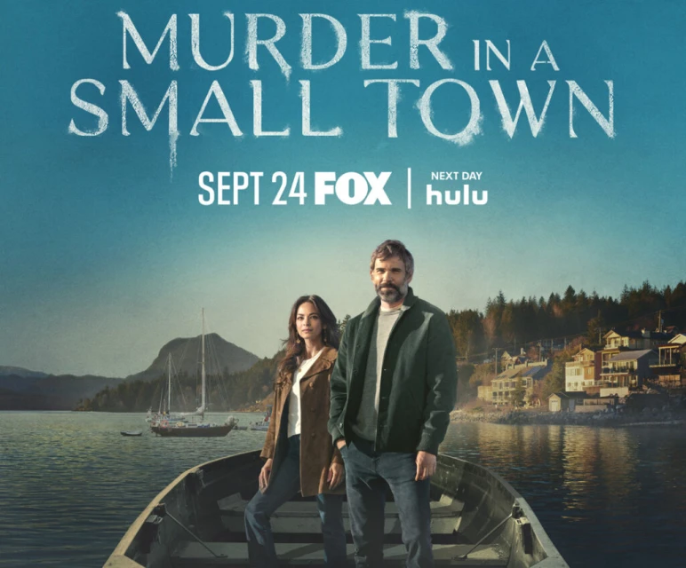 Promotional image for 'Murder in a Small Town' features two adults in a boat, with a lakeside town and forested islands in the background.