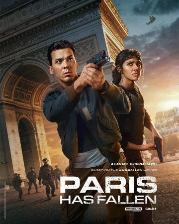 Movie poster featuring two adults in tactical gear holding firearms with the Arc de Triomphe in the background and a helicopter in the sky.