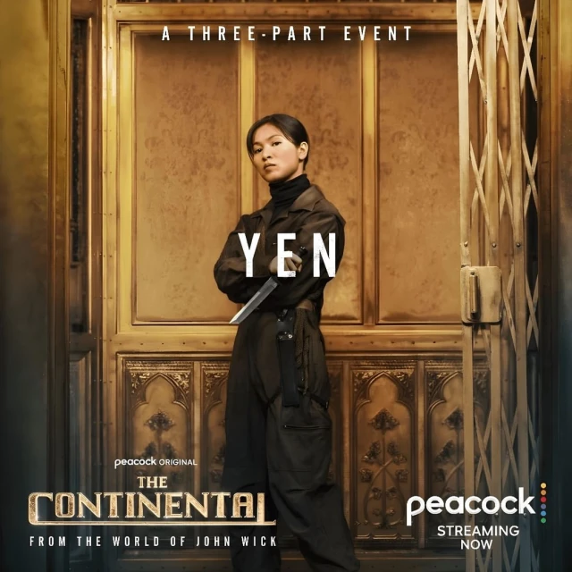 Promotional image for 'The Continental: From the World of John Wick' featuring Yen in a dark tactical outfit against a gold door.