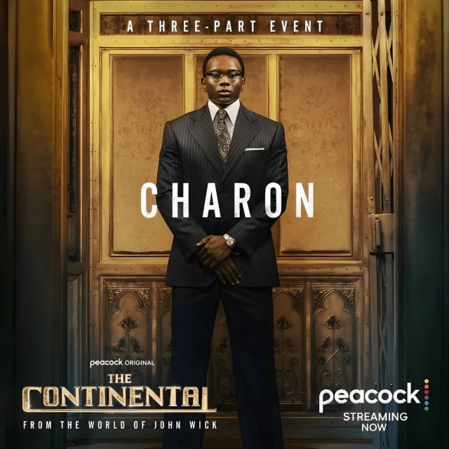 Promotional image for Peacock's 'The Continental' featuring a man in a suit standing in front of an ornate gold door. 
