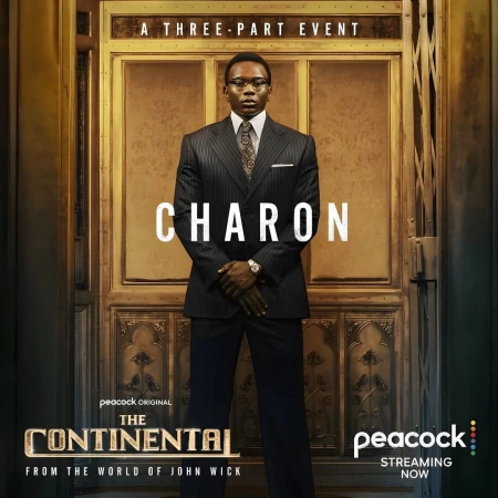 Promotional image for Peacock's 'The Continental' featuring a man in a suit standing in front of an ornate gold door. 
