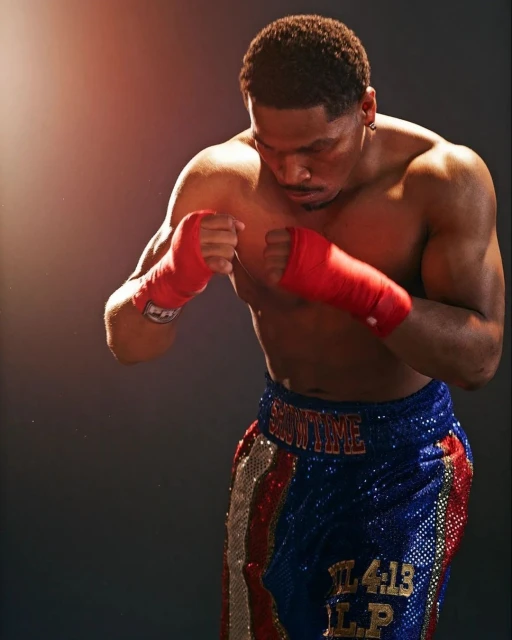 Male boxer in red hand wraps and blue sequined shorts in boxing stance under a spotlight, creating a dramatic portrait.