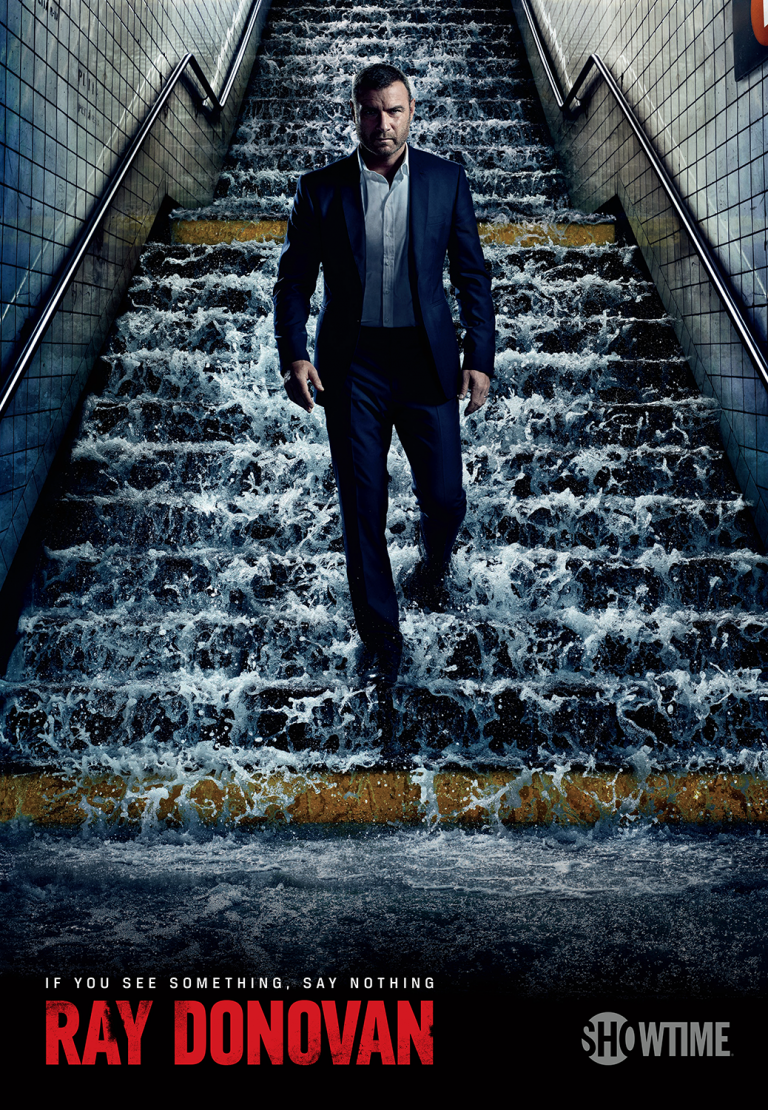 A man in a suit walks down flooded steps in a promotional shot for 'Ray Donovan' against a gritty, urban backdrop.