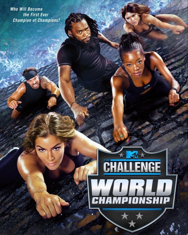 Group of five athletic people climbing a rock wall for MTV's The Challenge World Championship, with logo and promotional text visible.