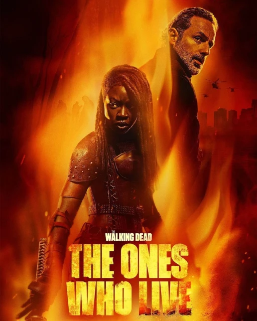 Movie poster for The Walking Dead: The Ones Who Live features Michonne and Rick Grimes with fiery orange and red tones and a cityscape background.