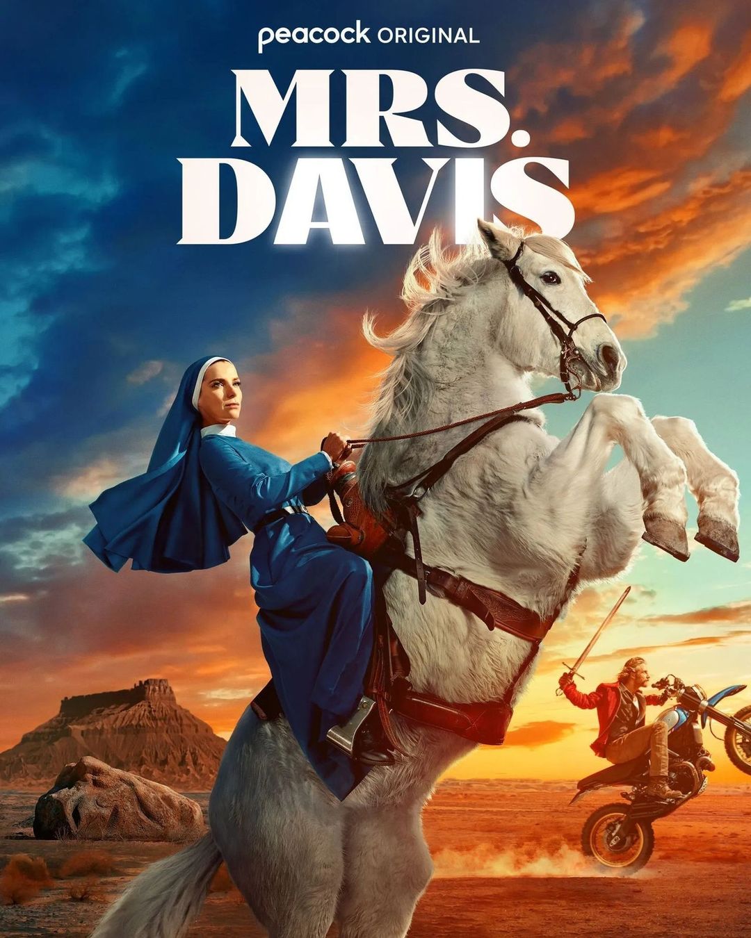 Mrs. Davis movie poster featuring a woman in a blue habit riding a rearing white horse with a desert landscape and motorbike in the background.