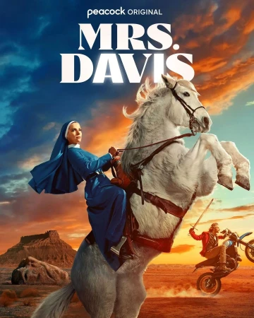 Mrs. Davis movie poster featuring a woman in a blue habit riding a rearing white horse with a desert landscape and motorbike in the background.