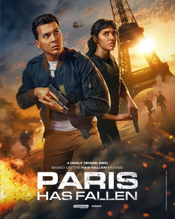 Movie poster featuring two people with guns in front of the Eiffel Tower in Paris at sunset, with a helicopter and soldiers visible.