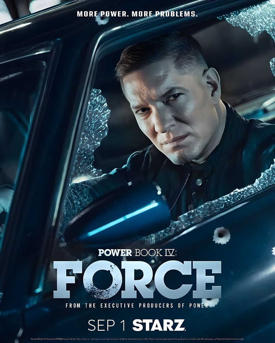 Man in car with shattered glass. Movie or tv show poster for Power Book IV: Force, airing on Starz, September 1st. More power. More problems.