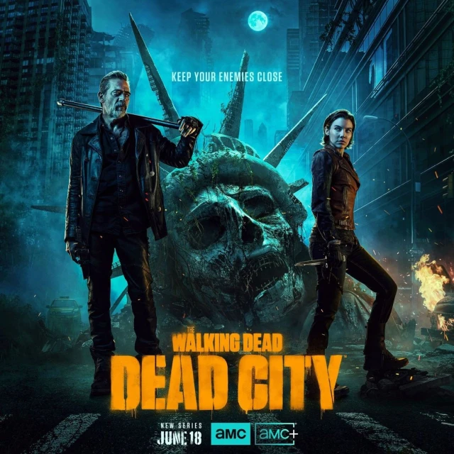 Promotional poster for 'The Walking Dead: Dead City' TV series, featuring two actors standing in an urban environment with a decayed Statue of Liberty.