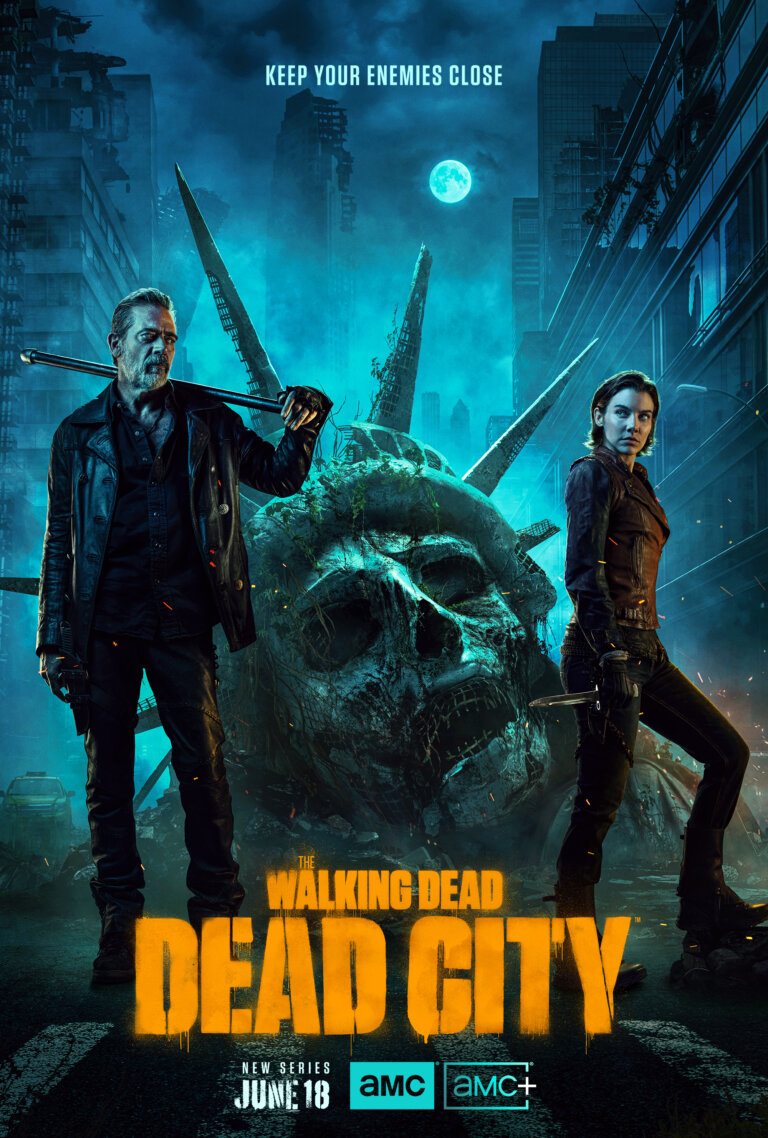 Movie poster for The Walking Dead: Dead City featuring two figures and a decayed Statue of Liberty head against a city backdrop.