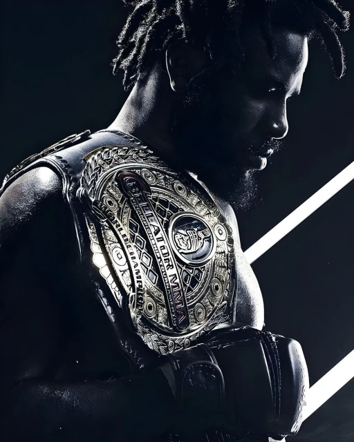 Close-up of a muscular adult male with dreadlocks wearing a championship belt and boxing gloves in a dramatically lit photo studio.