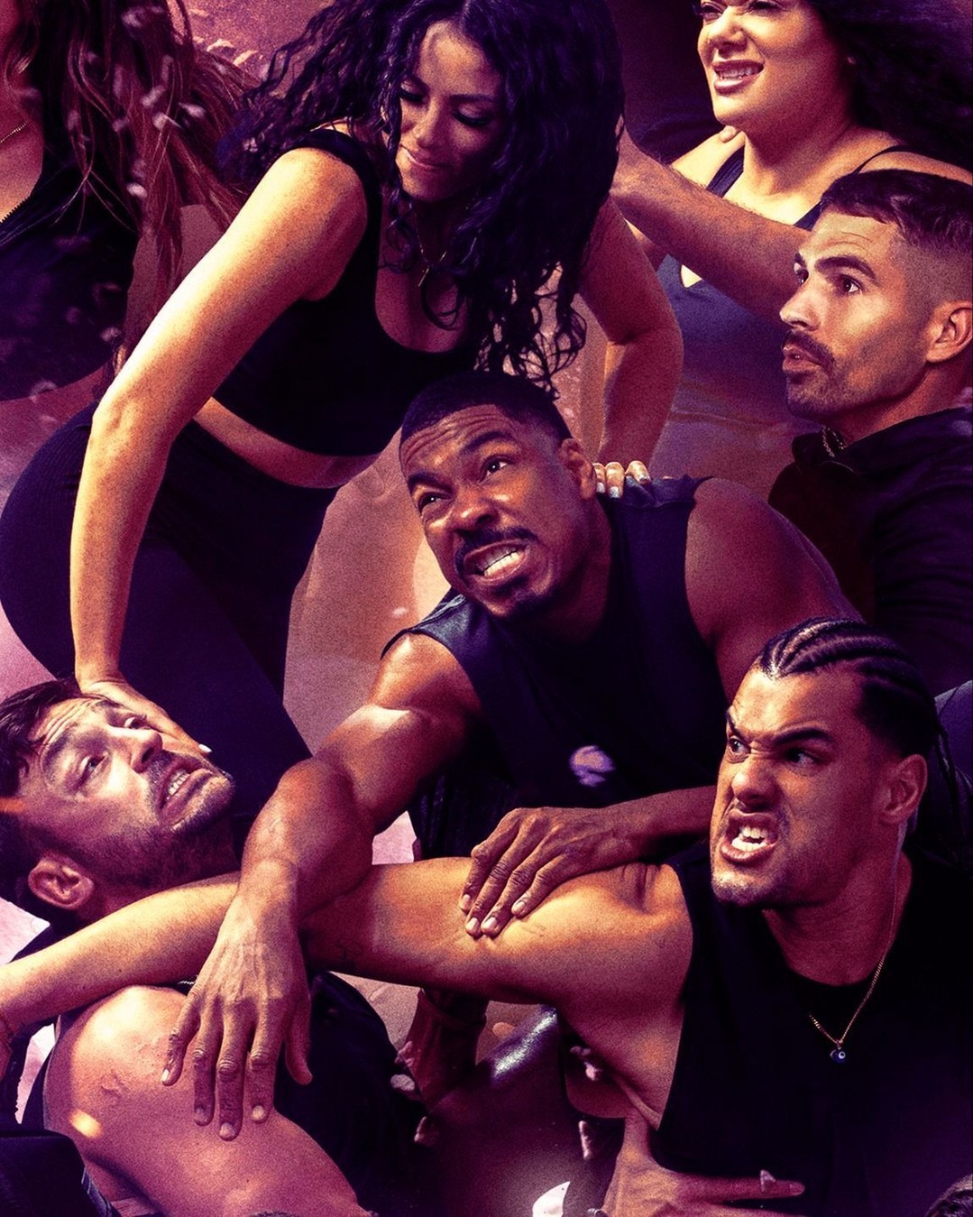 Aggressive group of diverse adults in black activewear with clenched teeth and tense expressions against a dynamic purple background.