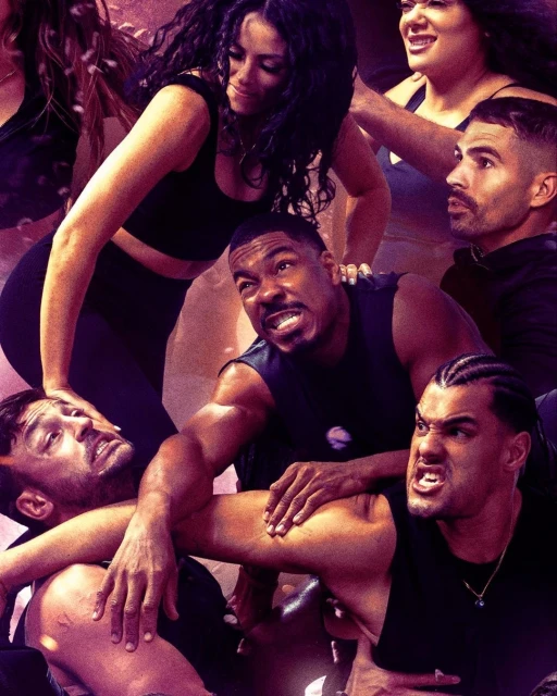 Aggressive group of diverse adults in black activewear with clenched teeth and tense expressions against a dynamic purple background.