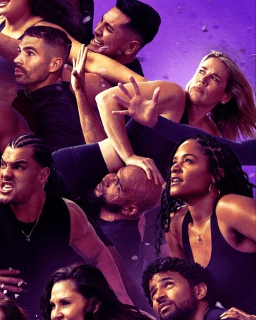 A diverse group of people is tightly packed together, looking upwards with expressions of shock and concern against a purple background.