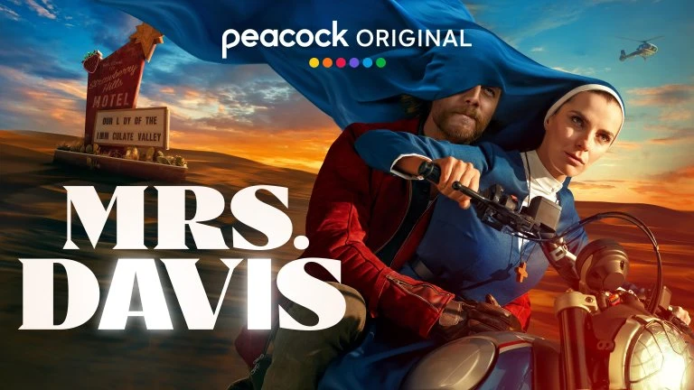 Movie poster features two people on a motorcycle in the desert with a motel sign and helicopter in the background for the show Mrs. Davis.