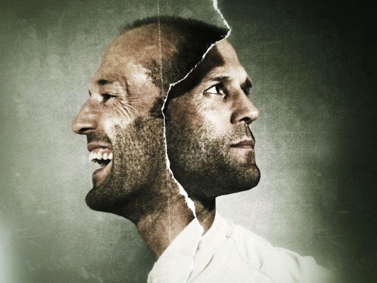 Digital artwork of a bald adult male's head in profile. One side of his face is laughing, while the other side is serious and forward-facing.