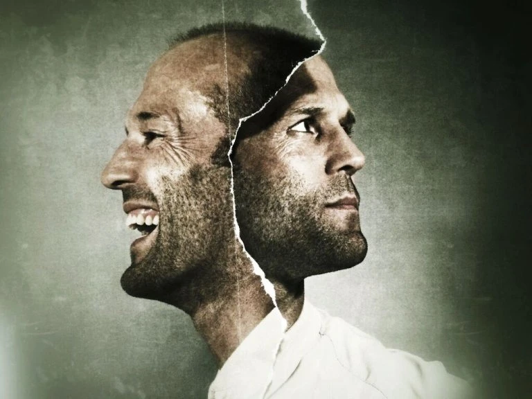 Digital artwork of a bald adult male's head in profile. One side of his face is laughing, while the other side is serious and forward-facing.