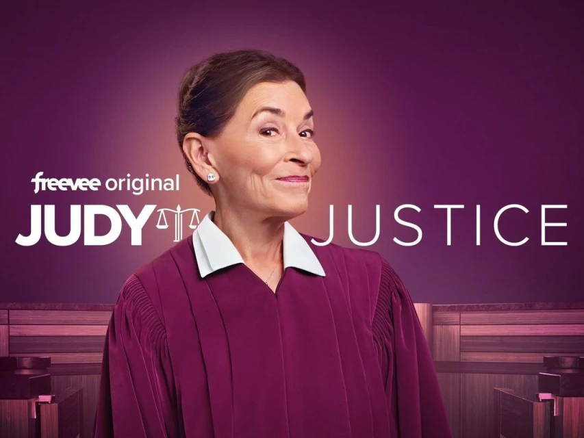 Promotional image for Judge Judy Justice featuring Judith Sheindlin in her judicial robe against a purple gradient background.