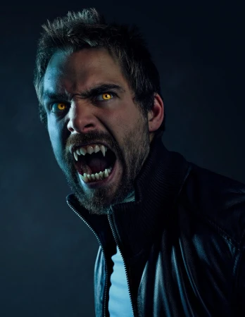 Close-up of a male actor with golden eyes, long fangs, bared teeth, and a dark leather jacket against a dark, smoky background.