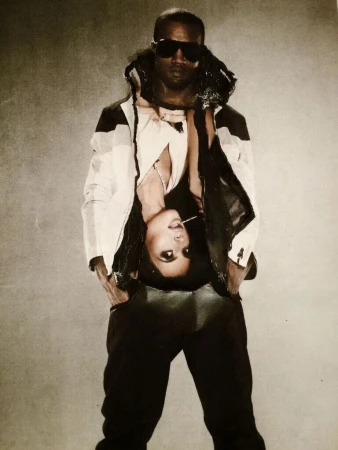 Surreal photographic portrait of Kanye West standing upright with an inverted woman positioned upside down across his torso by James Dimmock.
