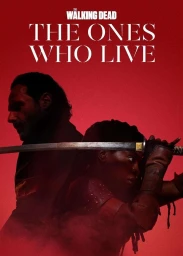 A man and a woman holding a samurai sword back to back against a solid red background with title text above