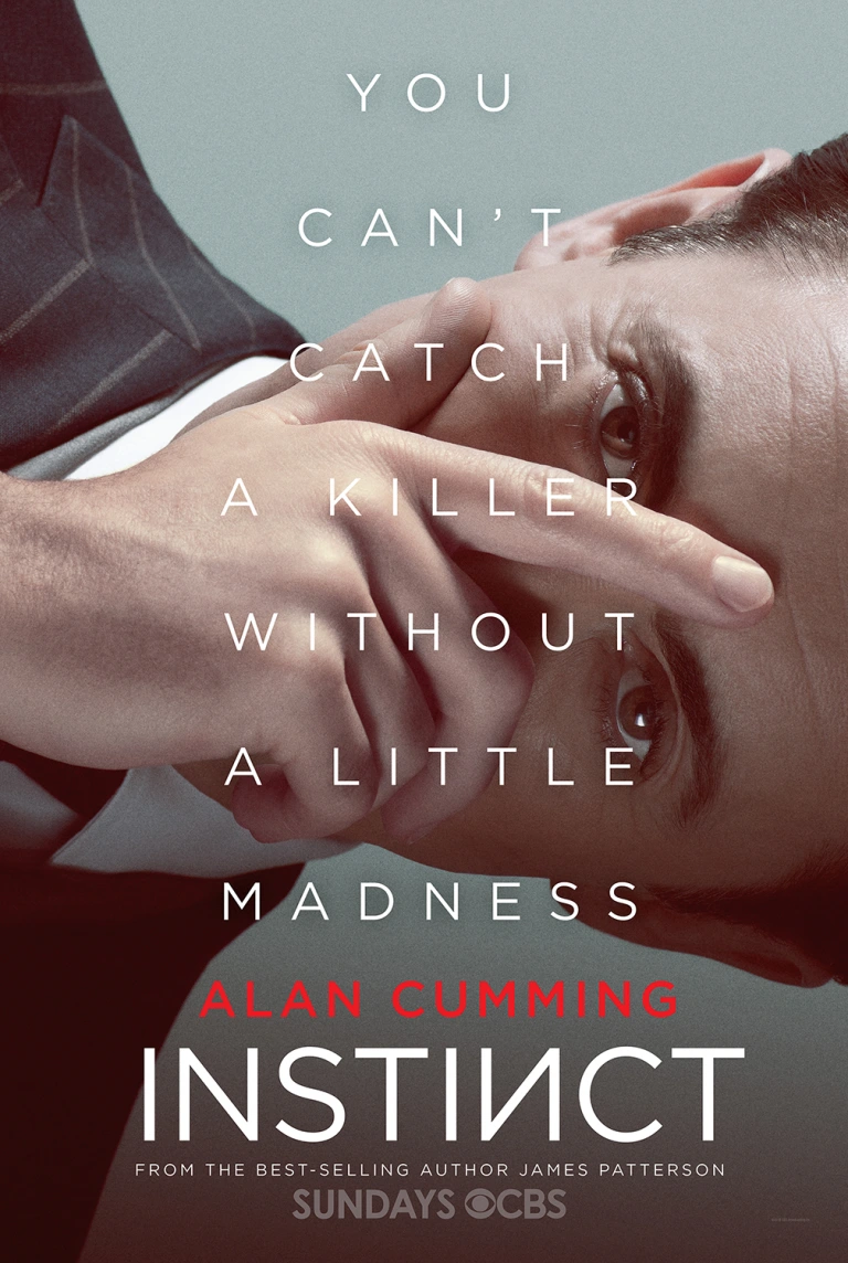 Close-up portrait of Alan Cumming holding his hand over his face with promotional text layered over the image.