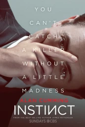 Close-up portrait of Alan Cumming holding his hand over his face with promotional text layered over the image.