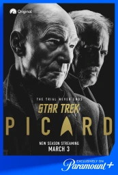 Black and white portrait of Patrick Stewart as Jean-Luc Picard with bold gold title text for Star Trek Picard series.