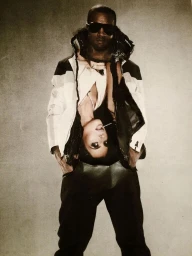 Surreal photographic portrait of Kanye West standing upright with an inverted woman positioned upside down across his torso by James Dimmock.