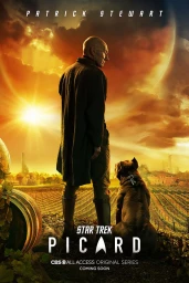 Patrick Stewart standing in a vineyard at sunset with a dog looking toward a bright horizon, for Star Trek Picard.