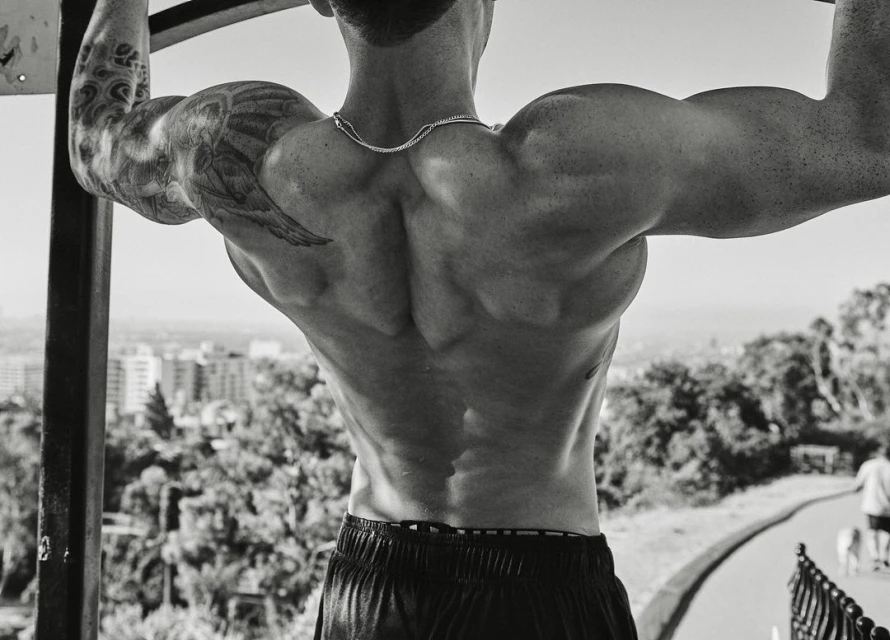 Muscular man with a tattoo doing pull-ups on a bar outdoors with a cityscape and greenery in the background, captured in black and white.
