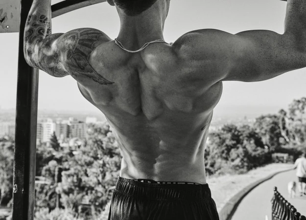 Muscular man with a tattoo doing pull-ups on a bar outdoors with a cityscape and greenery in the background, captured in black and white.