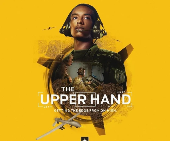 Illustration of military personnel and a drone on a yellow backdrop with overlaid text. Focus on defense technology and surveillance.
