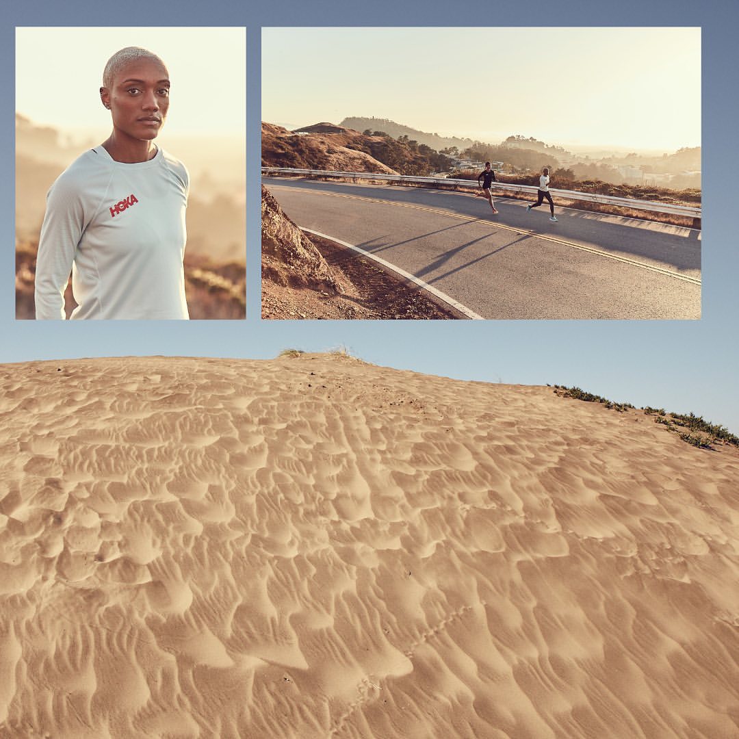 Three panels show a woman in sportswear, two runners on a road, and a sand dune, all related to sports and outdoor activities.