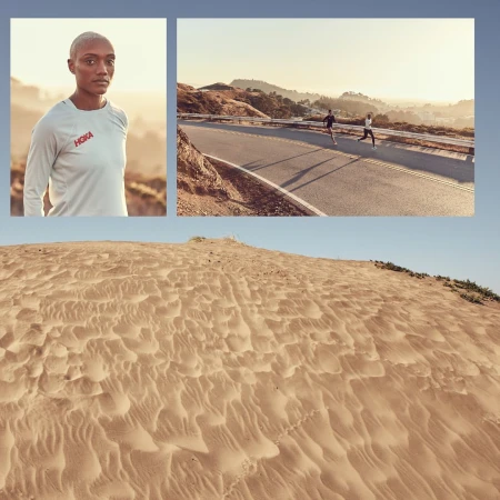 Three panels show a woman in sportswear, two runners on a road, and a sand dune, all related to sports and outdoor activities.