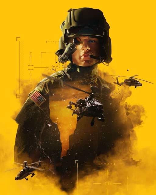 Dramatic portrait of a pilot wearing a helmet with a microphone, overlaid with helicopters, set against a vibrant yellow backdrop.